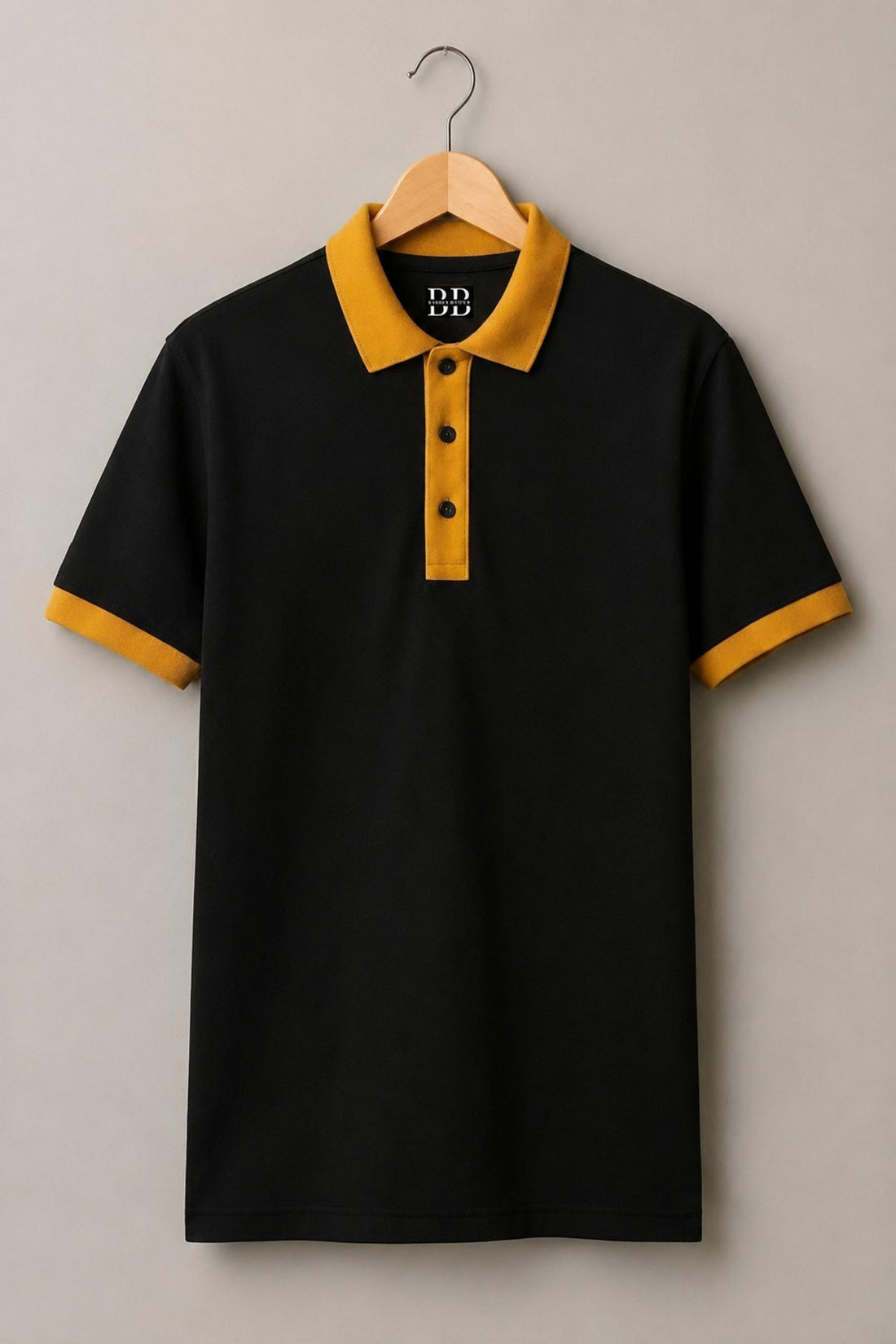 Black and Mustard polo for a comfortable family gathering outfit