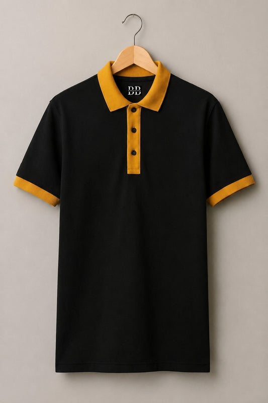 Black and Mustard polo for a comfortable family gathering outfit