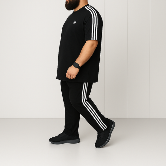Velocity black track-stripe co-ord set illustrating separate top and bottom sizing