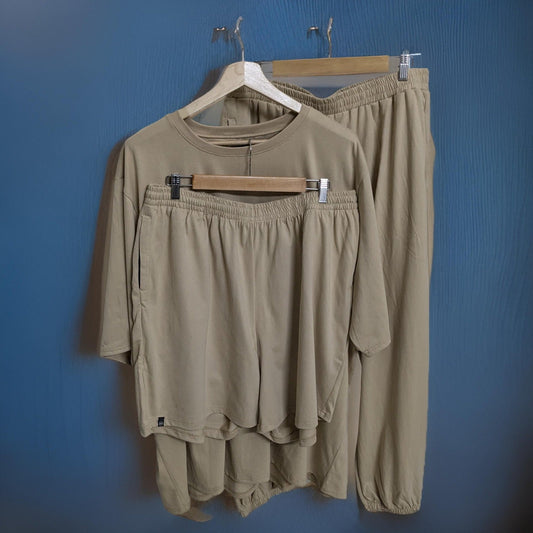 Beige cotton co-ord set illustrating an ivory-neutral Onam outfit palette