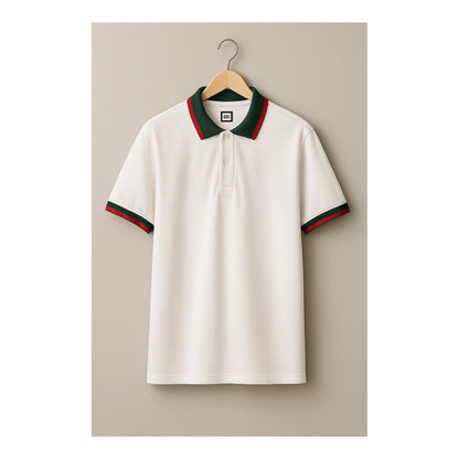 Milano White & Green Rosso-Trim Collar Polo (Premium Cotton Blend) 