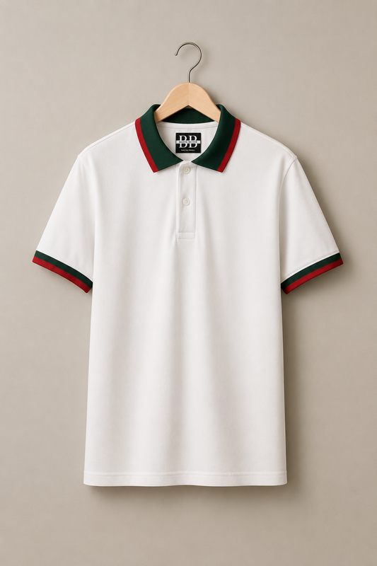 Milano White & Green Rosso-Trim Collar Polo (Premium Cotton Blend) 