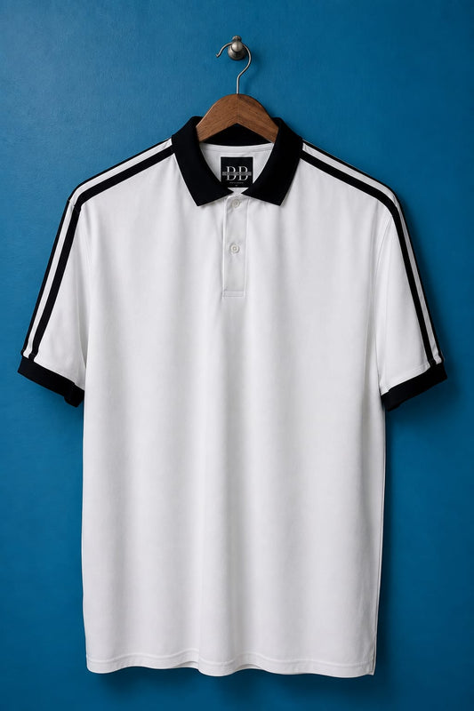 White & Black Striped Half Sleeved Polo T-shirt 