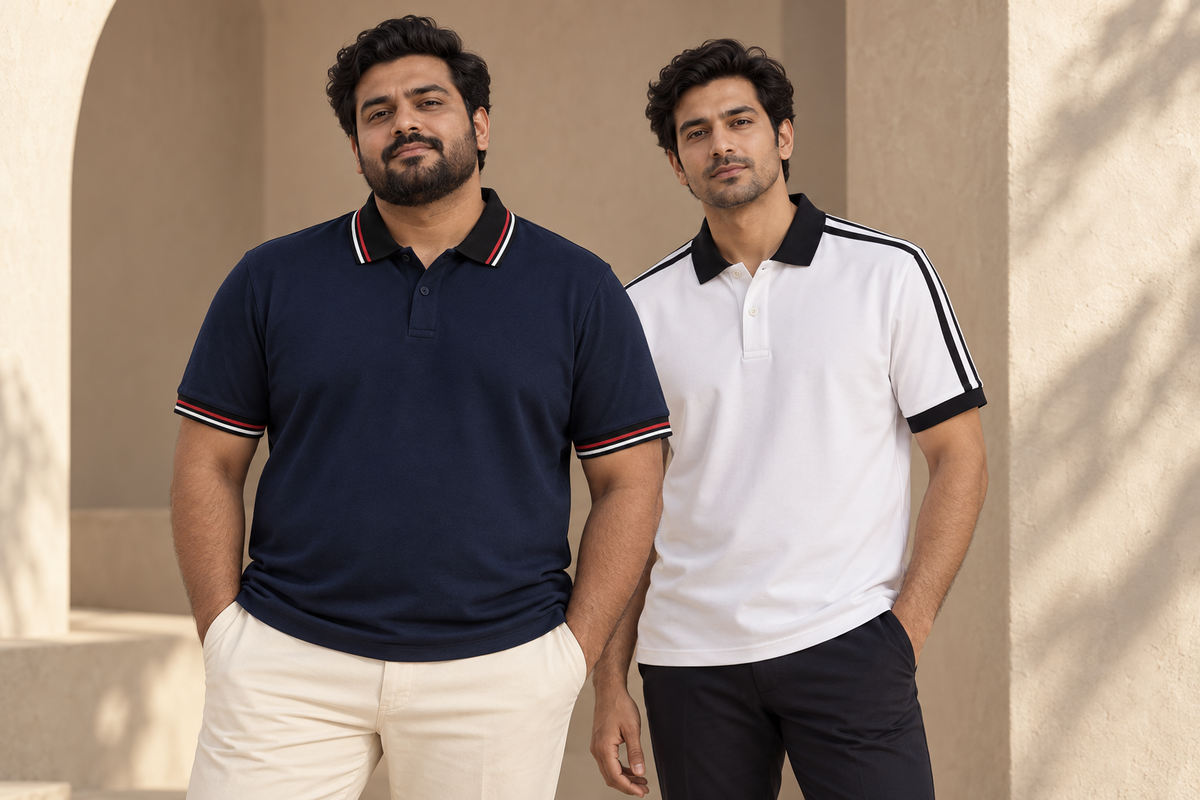 Two models wearing navy trim and white striped BiggerBetter polos